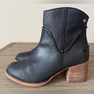 UGG Black Leather Ankle Boots with Stacked Wood Heel